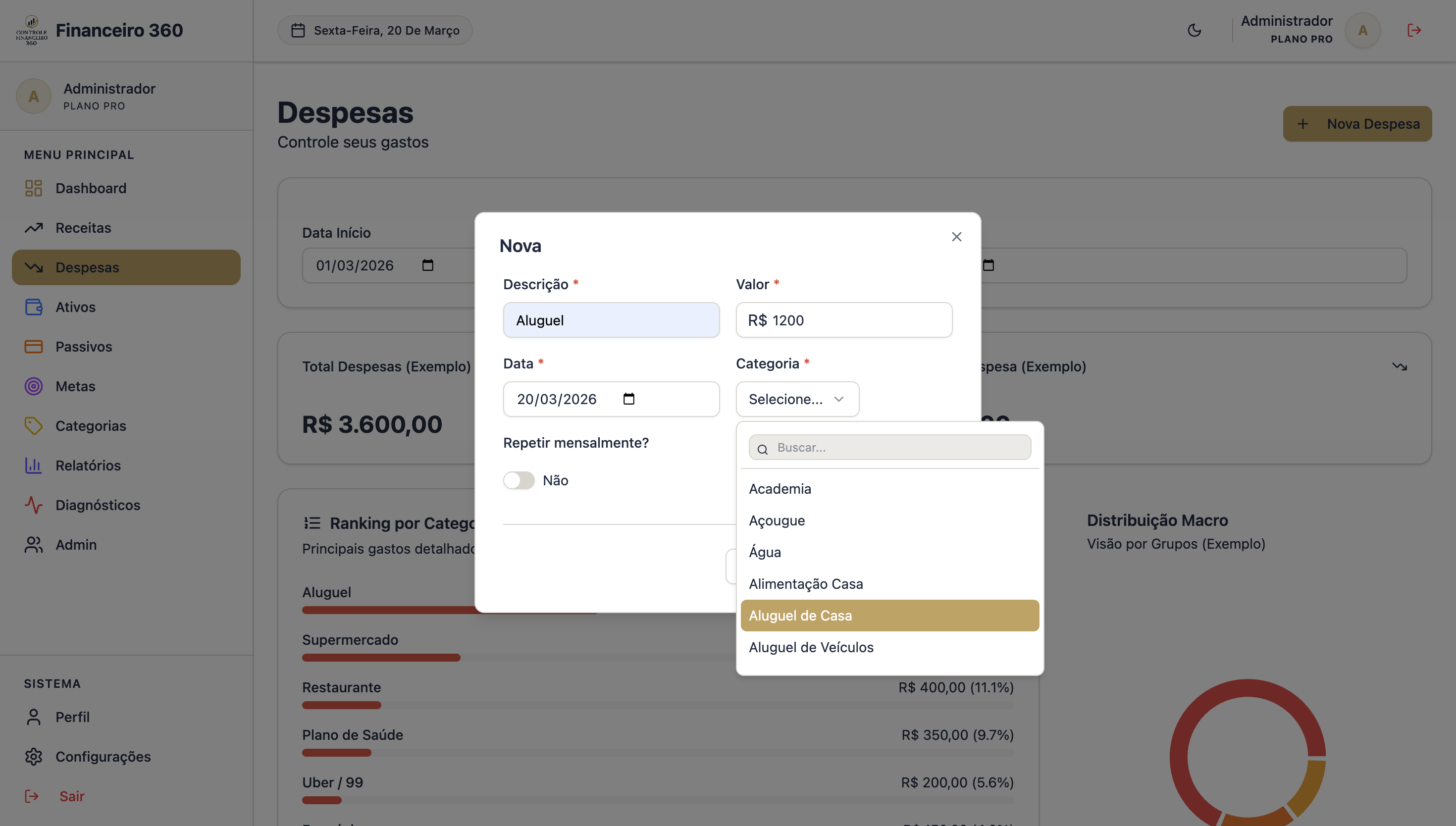 Print da tela de registro de despesas